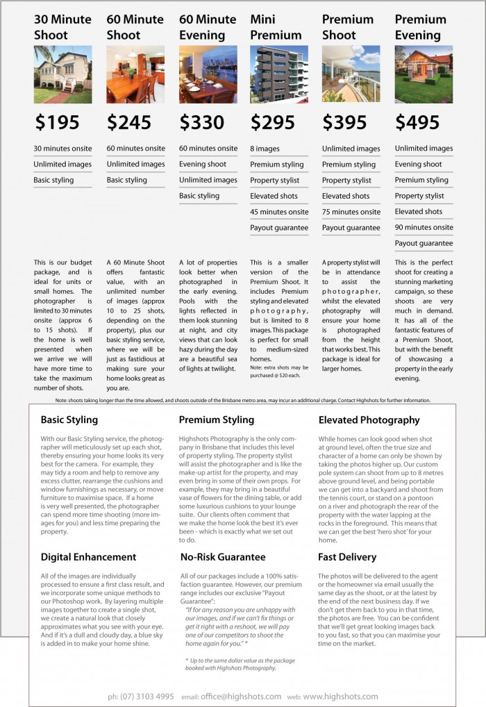 Highshots Photography Price List 2011